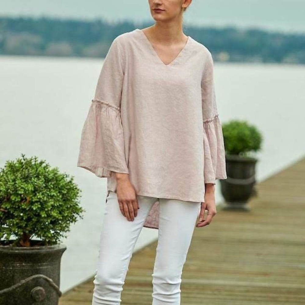 Crown Linen Designs Maya Top Dusty Pink 100% Linen Bell Sleeve V-Neck M